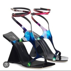 Giuseppe Zanotti Tutankamon Black and Multi Color Leather Strap Heels size 38